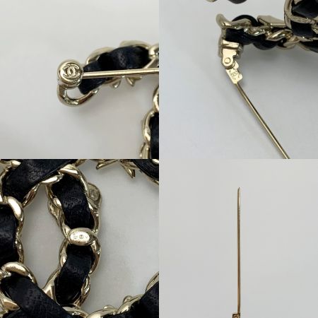  CHANEL シャネル ココマーク ラインストーン フェイクパール ブローチ B22V ブラック×ゴールド レザー×メタル