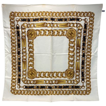  CHANEL シャネル ベージュ チェーン ベージュ シルクスカーフ
