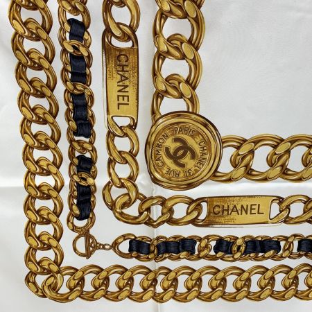  CHANEL シャネル ベージュ チェーン ベージュ シルクスカーフ