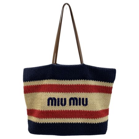  MIU MIU ストライプ  5BG228VOOO ネイビー×レッド かごバッグ トートバッグ レディース