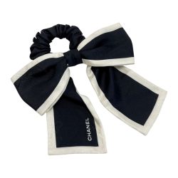 ☆☆ CHANEL シャネル リボン シュシュ カメリア ブラック×ホワイト シルク100％ ヘアアクセサリー Bランク