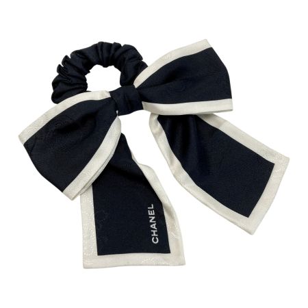  CHANEL シャネル リボン シュシュ カメリア ブラック×ホワイト シルク100％ ヘアアクセサリー