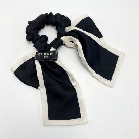  CHANEL シャネル リボン シュシュ カメリア ブラック×ホワイト シルク100％ ヘアアクセサリー