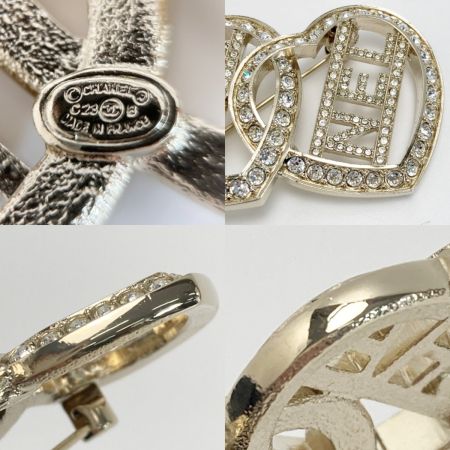  CHANEL シャネル ロゴ ダブルハート ブローチ C23B ゴールド GP ラインストーン