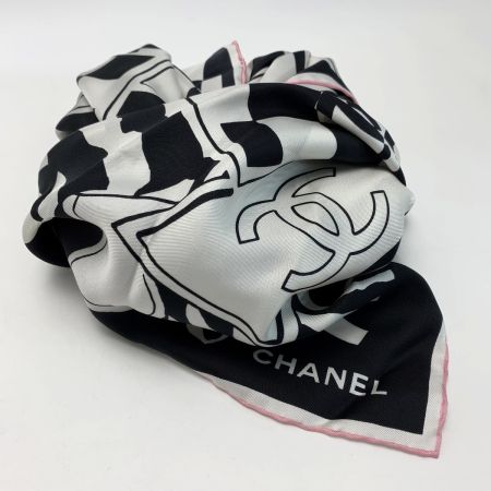  CHANEL シャネル ココマーク ピンク×ブラック×ホワイト 大判スカーフ レディース