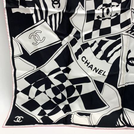  CHANEL シャネル ココマーク ピンク×ブラック×ホワイト 大判スカーフ レディース