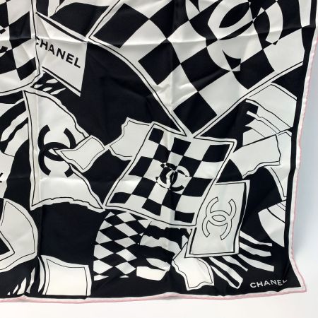  CHANEL シャネル ココマーク ピンク×ブラック×ホワイト 大判スカーフ レディース
