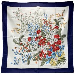 ☆☆ Christian Dior クリスチャンディオール スカーフ 花柄 ネイビー×ホワイト シルク100％ Bランク