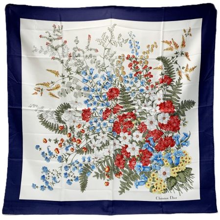  Christian Dior クリスチャンディオール スカーフ 花柄 ネイビー×ホワイト シルク100％
