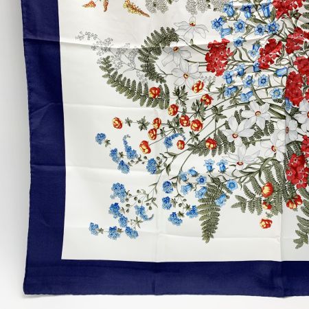 Christian Dior クリスチャンディオール スカーフ 花柄 ネイビー×ホワイト シルク100％