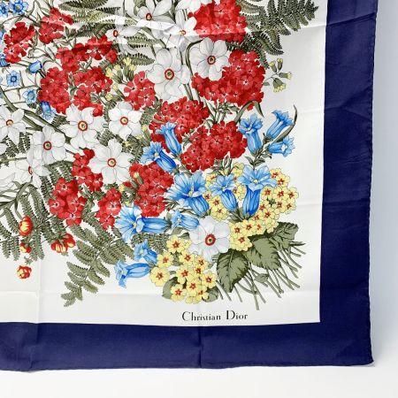  Christian Dior クリスチャンディオール スカーフ 花柄 ネイビー×ホワイト シルク100％