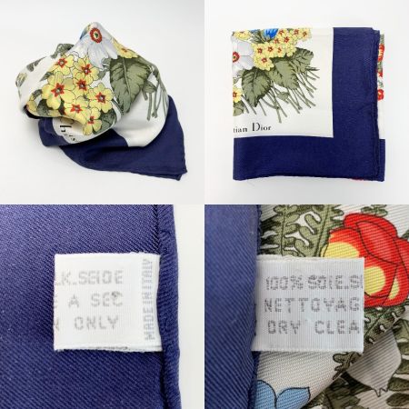  Christian Dior クリスチャンディオール スカーフ 花柄 ネイビー×ホワイト シルク100％