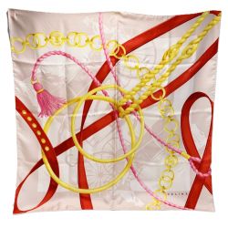 ☆☆ CELINE セリーヌ シルクスカーフ チェーン ピンク×エンジ×イエロー シルク100％ Bランク