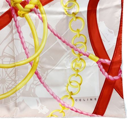  CELINE セリーヌ シルクスカーフ チェーン ピンク×エンジ×イエロー シルク100％