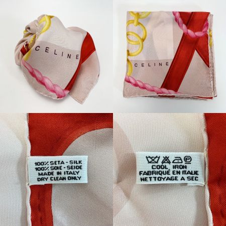  CELINE セリーヌ シルクスカーフ チェーン ピンク×エンジ×イエロー シルク100％