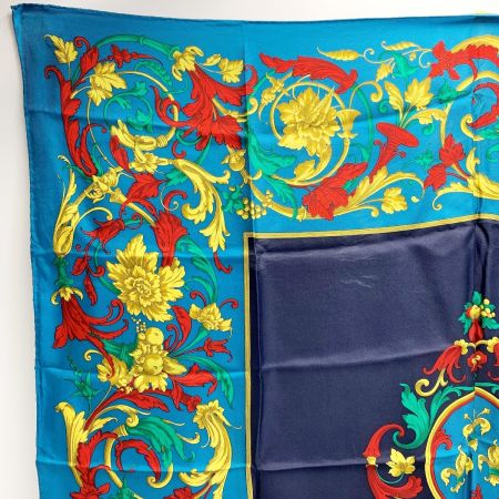  CELINE セリーヌ シルクスカーフ 花柄 ターコイズブルー シルク100％