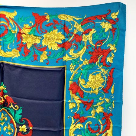  CELINE セリーヌ シルクスカーフ 花柄 ターコイズブルー シルク100％