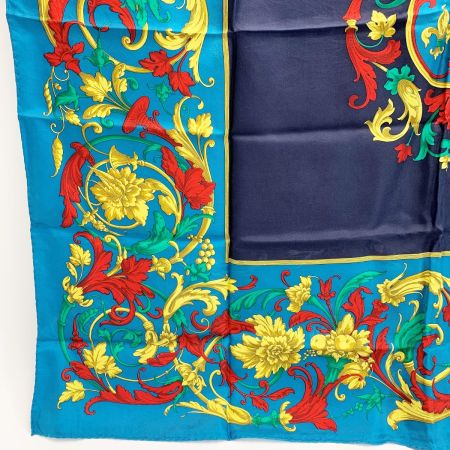  CELINE セリーヌ シルクスカーフ 花柄 ターコイズブルー シルク100％