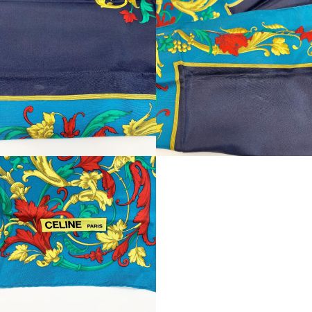  CELINE セリーヌ シルクスカーフ 花柄 ターコイズブルー シルク100％