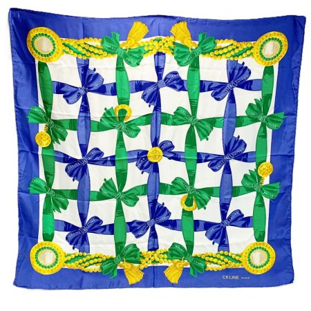  CELINE セリーヌ シルクスカーフ リボン ブルー×ホワイト シルク100％