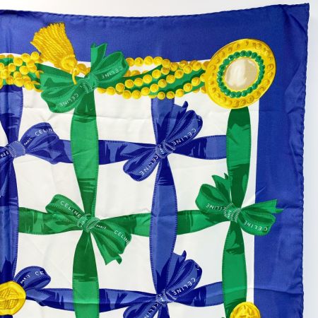  CELINE セリーヌ シルクスカーフ リボン ブルー×ホワイト シルク100％