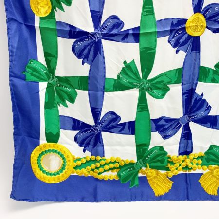  CELINE セリーヌ シルクスカーフ リボン ブルー×ホワイト シルク100％