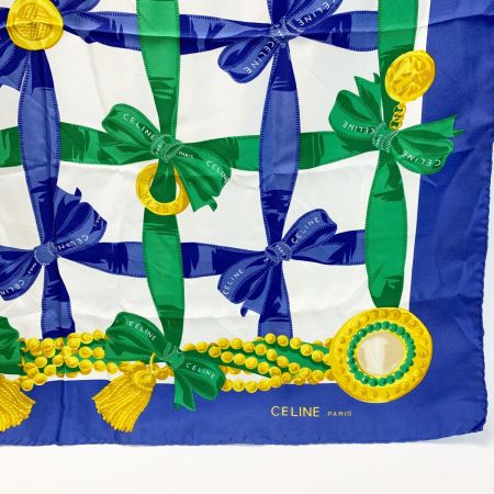  CELINE セリーヌ シルクスカーフ リボン ブルー×ホワイト シルク100％