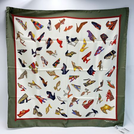  Salvatore Ferragamo サルヴァトーレフェラガモ スカーフ パンプス×サンダル柄 カーキ×アイボリー 服飾雑貨