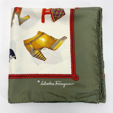  Salvatore Ferragamo サルヴァトーレフェラガモ スカーフ パンプス×サンダル柄 カーキ×アイボリー 服飾雑貨