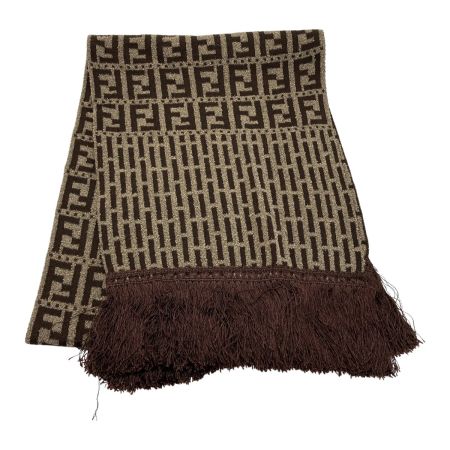  FENDI フェンディ ズッカ柄 フリンジ マフラー ブラウン ウール ストール