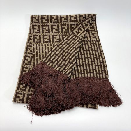 FENDI フェンディ ズッカ柄 フリンジ マフラー ブラウン ウール ストール