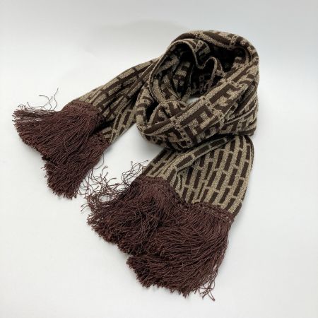  FENDI フェンディ ズッカ柄 フリンジ マフラー ブラウン ウール ストール