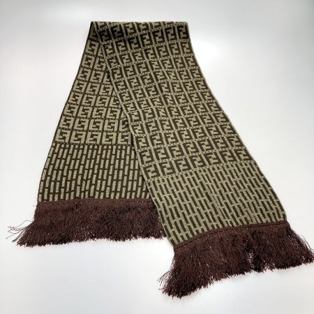  FENDI フェンディ ズッカ柄 フリンジ マフラー ブラウン ウール ストール