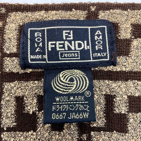  FENDI フェンディ ズッカ柄 フリンジ マフラー ブラウン ウール ストール