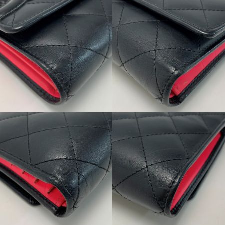  CHANEL シャネル カンボン 3つ折り長財布  A46645 ブラック×ネオンピンク レディース