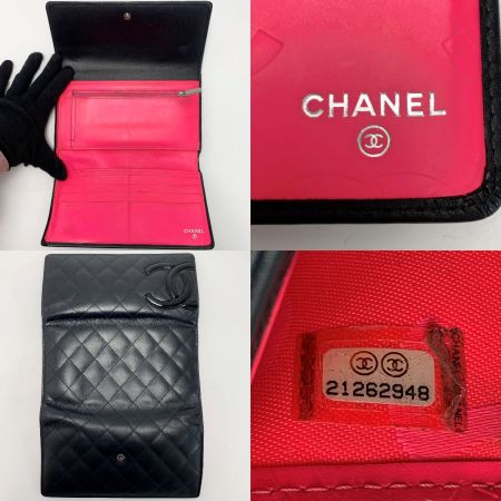  CHANEL シャネル カンボン 3つ折り長財布  A46645 ブラック×ネオンピンク レディース