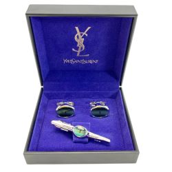 ☆☆ Yves Saint Laurent イブサンローラン シェルカフリンクス & ネクタイピン グリーン ステンレス 箱付 Bランク