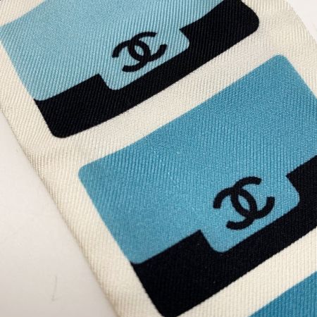  CHANEL シャネル ヘアバンド 細いスカーフ ツイリー ホワイト×ブルー シルク100%