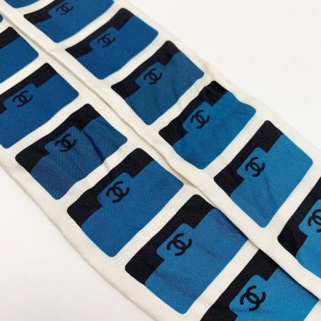  CHANEL シャネル ヘアバンド 細いスカーフ ツイリー ホワイト×ブルー シルク100%