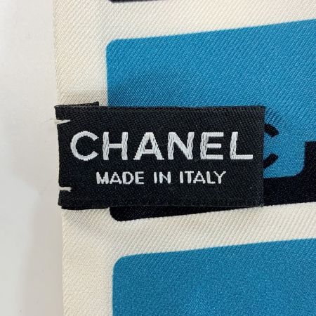  CHANEL シャネル ヘアバンド 細いスカーフ ツイリー ホワイト×ブルー シルク100%