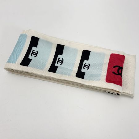  CHANEL シャネル ヘアバンド 細いスカーフ ツイリー ホワイト×ブルー シルク100%