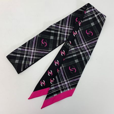  CHANEL シャネル ヘアバンド 細いスカーフ ツイリー ブラック×ピンク シルク100％