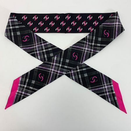  CHANEL シャネル ヘアバンド 細いスカーフ ツイリー ブラック×ピンク シルク100％