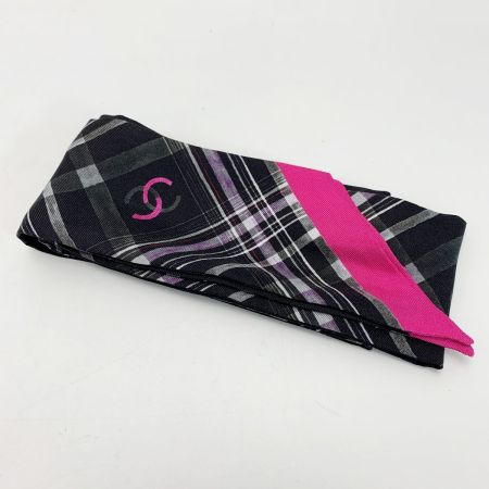  CHANEL シャネル ヘアバンド 細いスカーフ ツイリー ブラック×ピンク シルク100％