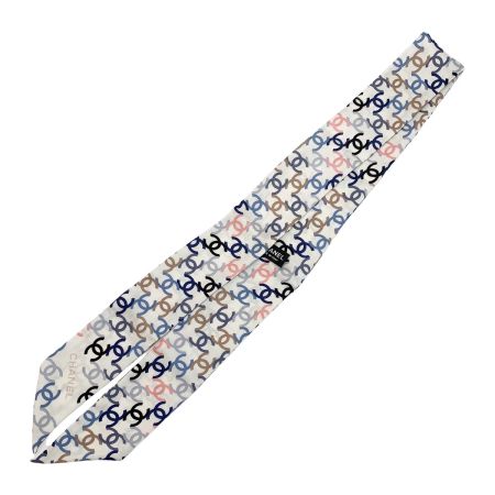  CHANEL シャネル ヘアバンド 細いスカーフ ツイリー ホワイト シルク100％