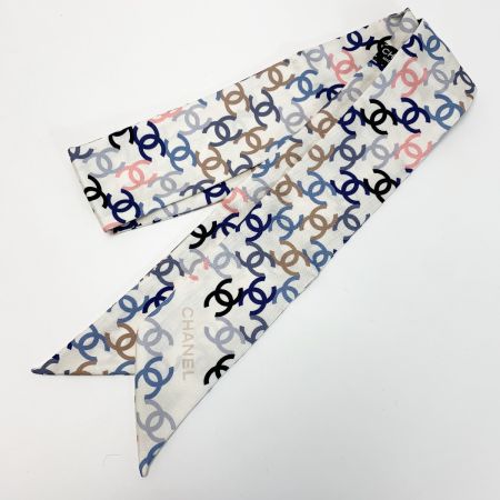  CHANEL シャネル ヘアバンド 細いスカーフ ツイリー ホワイト シルク100％