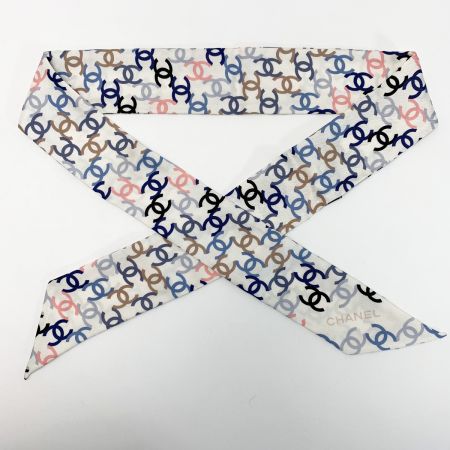  CHANEL シャネル ヘアバンド 細いスカーフ ツイリー ホワイト シルク100％
