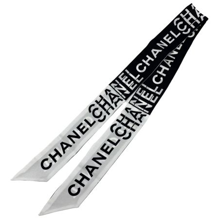  CHANEL シャネル ヘアバンド 細いスカーフ ツイリー ブラック×ホワイト シルク100％