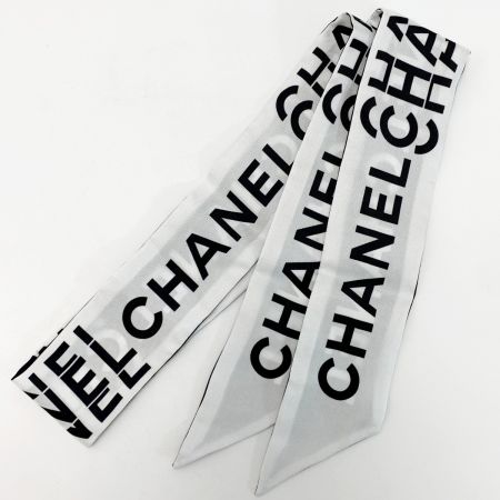  CHANEL シャネル ヘアバンド 細いスカーフ ツイリー ブラック×ホワイト シルク100％