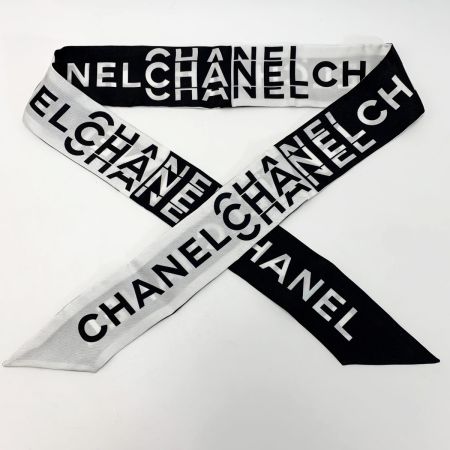  CHANEL シャネル ヘアバンド 細いスカーフ ツイリー ブラック×ホワイト シルク100％